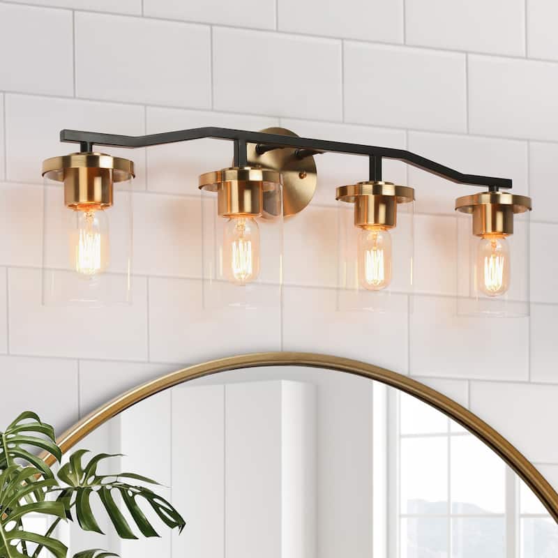 Modern Mid-Century 4-Light Black Gold Bathroom Vanity Light with Cylinder Glass - 28"L x 5.5"Wx 9.5"H