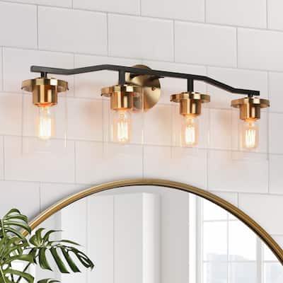 Modern Mid-Century 4-Light Black Gold Bathroom Vanity Light with Cylinder Glass - 28"L x 5.5"Wx 9.5"H