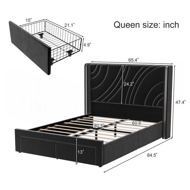 Queen Size Modern Upholstered LED Bed Frame