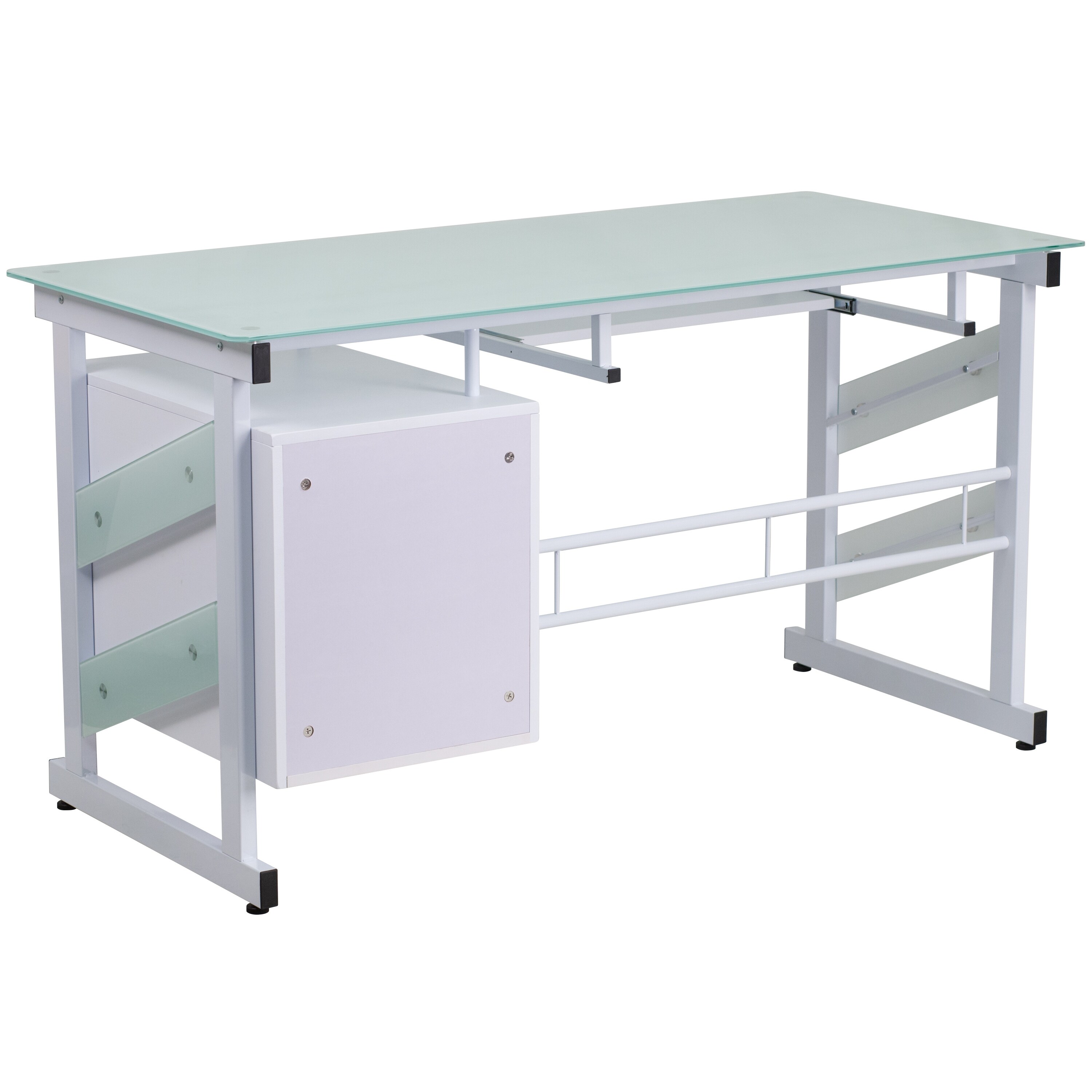 White Computer Desk With Frosted Glass Top And Three Drawer Pedestal Overstock 27066840