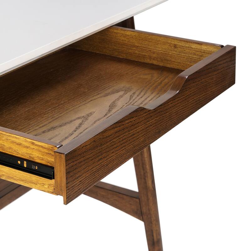 Roomfitters 48-Inch Mid-Century Modern Desk, Off-White Top with Pecan Wood Base and Storage Drawer