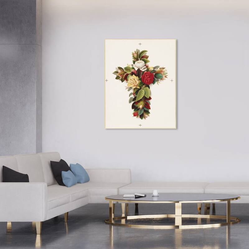 Wynwood Studio Canvas Floral and Botanical Olive E Whitney - Cross of Roses Green and Traditional Wall Art Canvas Print - 36 x 30