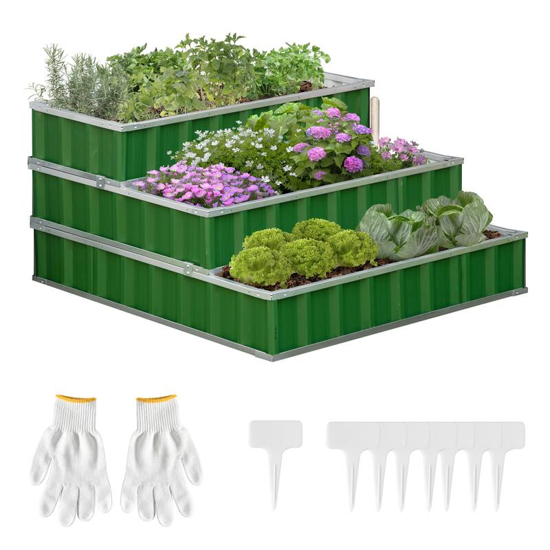Outsunny 3-Tier Metal Raised Garden Bed, Elevated Outdoor Planter Box Kit for Vegetables, Herbs, and Flowers