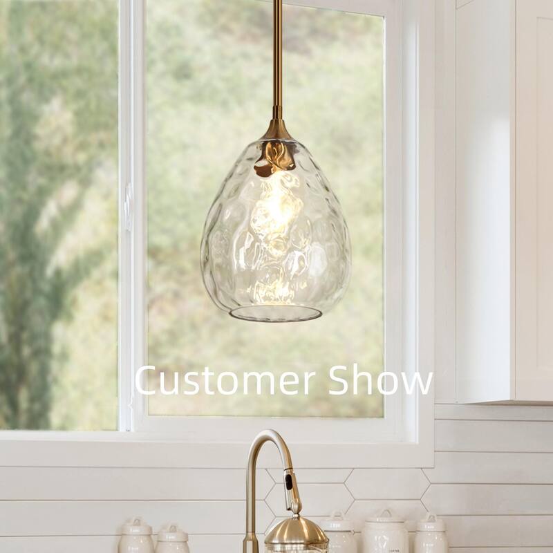 Modern 1-Light Teardrop Gold Pendant Light for Kitchen Island with Textured Glass Shade