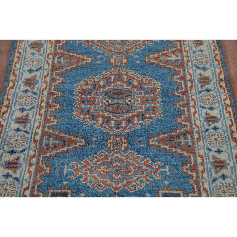 Blue Geometric Viss Indian Rug Handmade Wool Carpet - 3'2" x 4'9"