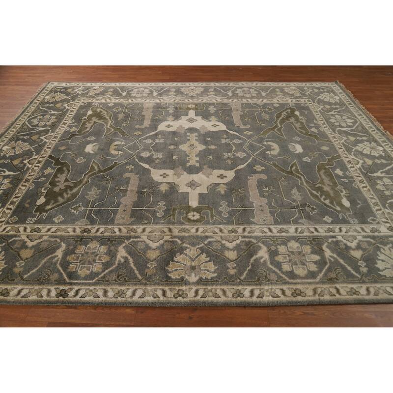 Transitional Gray Oushak Indian Area Rug Hand-Knotted Wool Carpet - 8'1" x 9'9"