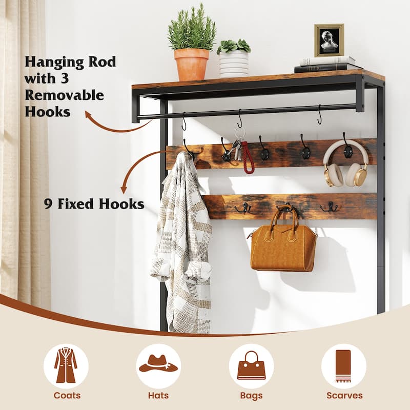 Rustic Brown Metal Hall Tree Bench with Hooks, Drawer, Shelves and Shoe Rack - 47.5" L x 12" W x 70" H