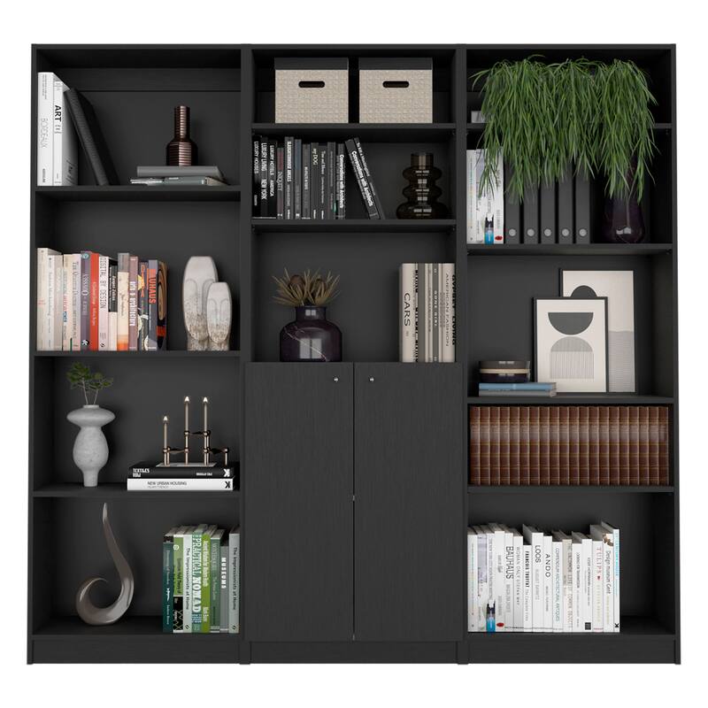 FM FURNITURE Oracle 3 Piece Living Room Set with Sutton Bookcase + Sutton 4 Shelves Bookcase + Sutton 2-Door Bookcase, Black