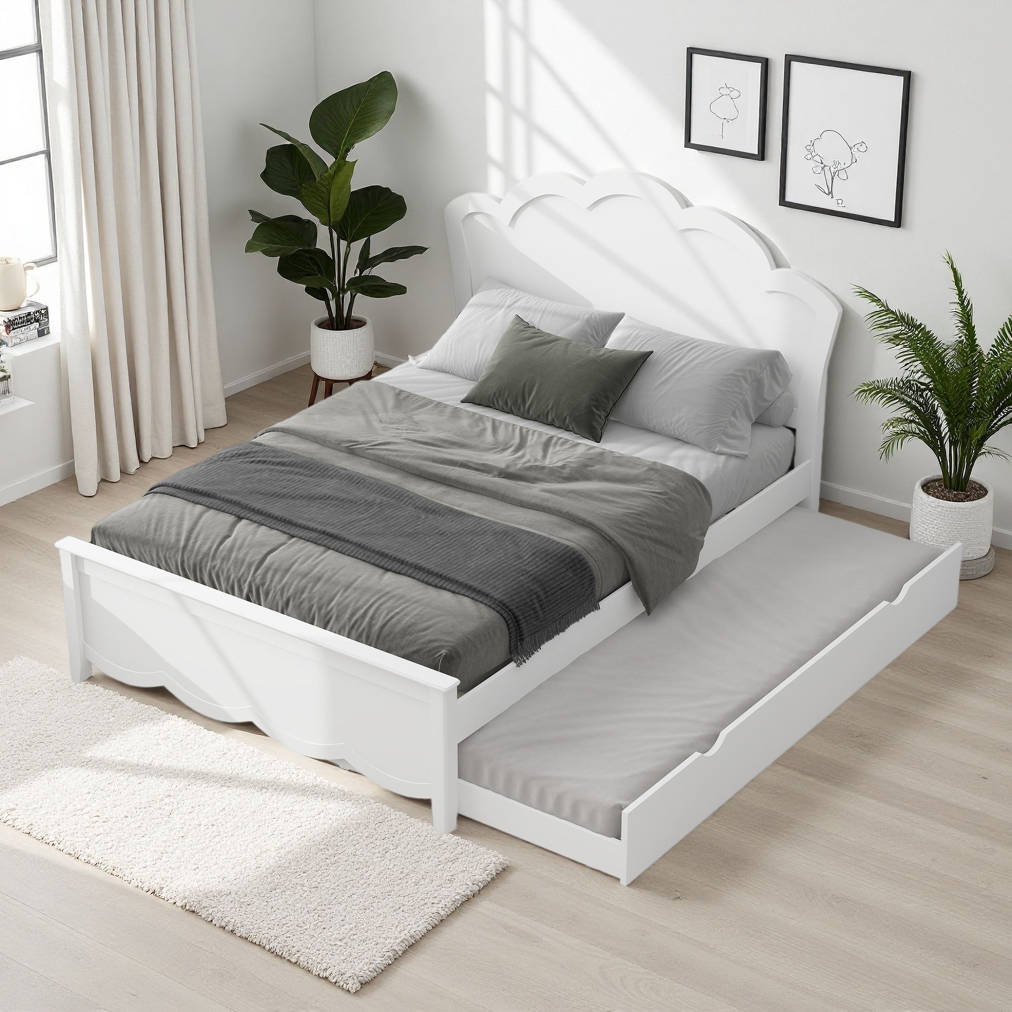 Wood Platform Bed with Headboard and Twin Trundle