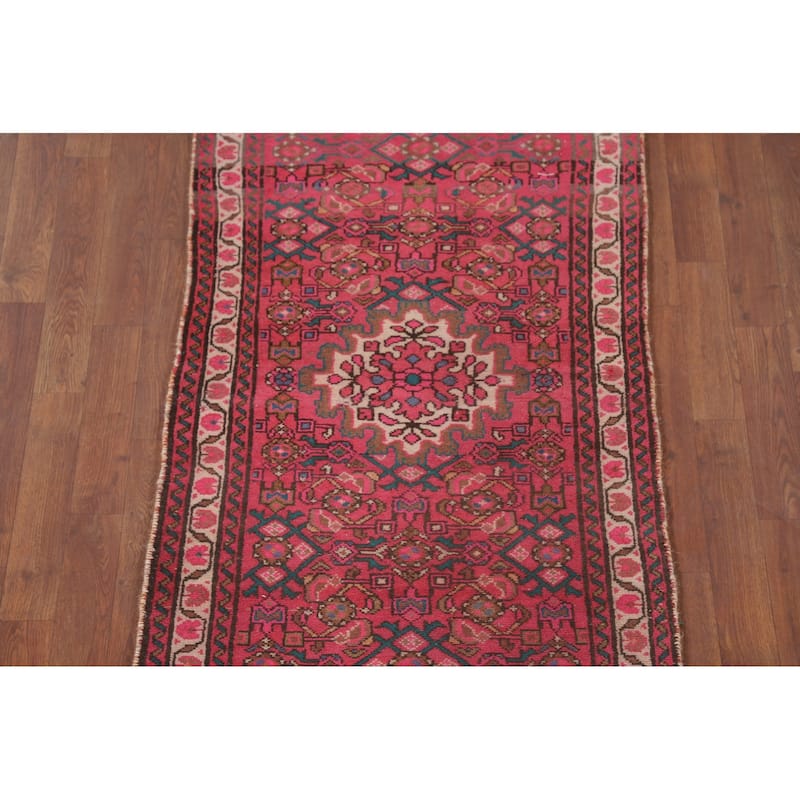 Fuchsia Hamedan Persian Vintage Runner Rug Handmade Wool Carpet - 2'7"x 9'10"