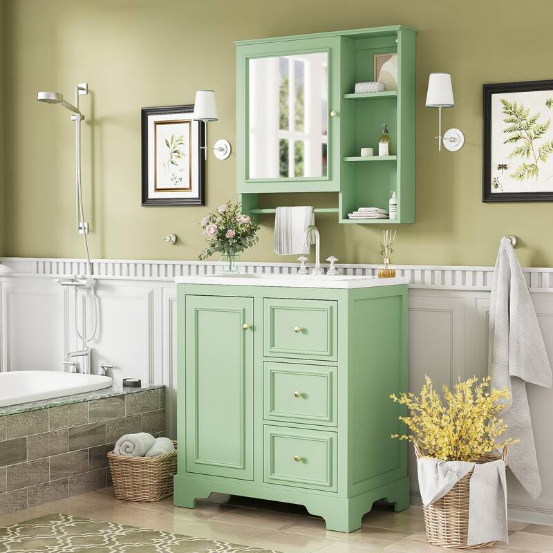 30-inch bathroom vanity with sink,with 3 drawers,adjustable shelves,freestanding vanity set with mirror cabinet,single sink