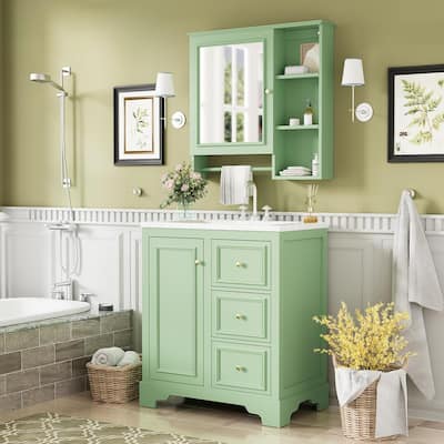 Freestanding Bathroom Vanity & Mirror Cabinet Set of 2, 30" Bathroom Vanity Storage Cabinet w/ Ceramic Sink & Adjustable Shelves