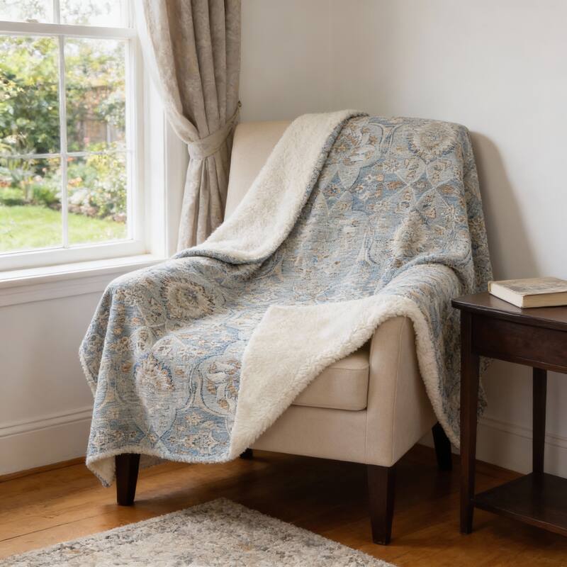 HomeRoots 50" X 70" Ivory Coffee And Teal Damask Microfiber Plush Throw Blanket - Throw - Coffee/Teal/Ivory