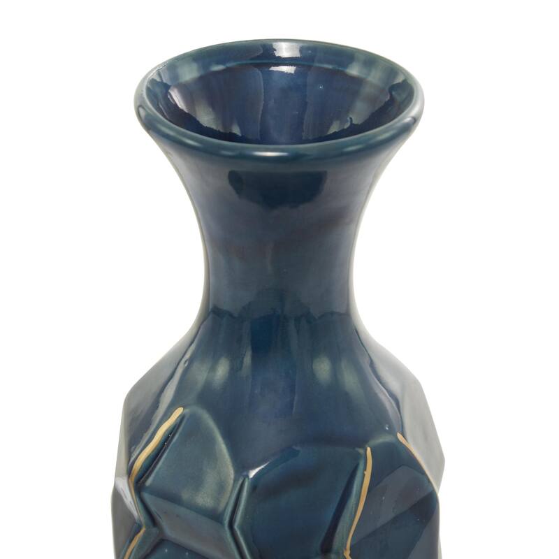 Ceramic Geometric Floor Vase with Gold Accents - Teal - Roche River Decor