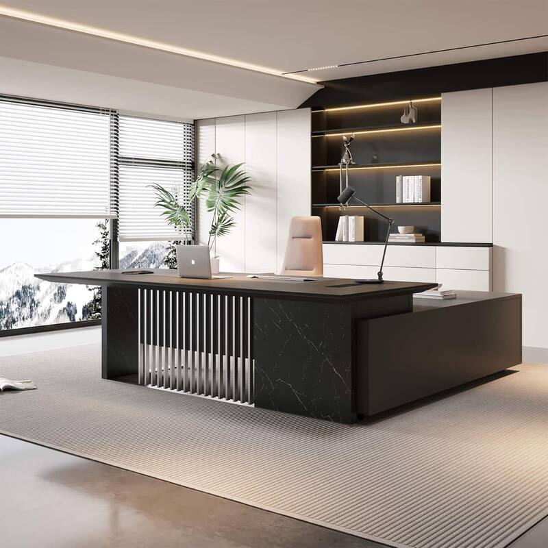 Large L Shaped Executive Desk with Power Outlet Wireless Charging - 86.6" - Black Left Return