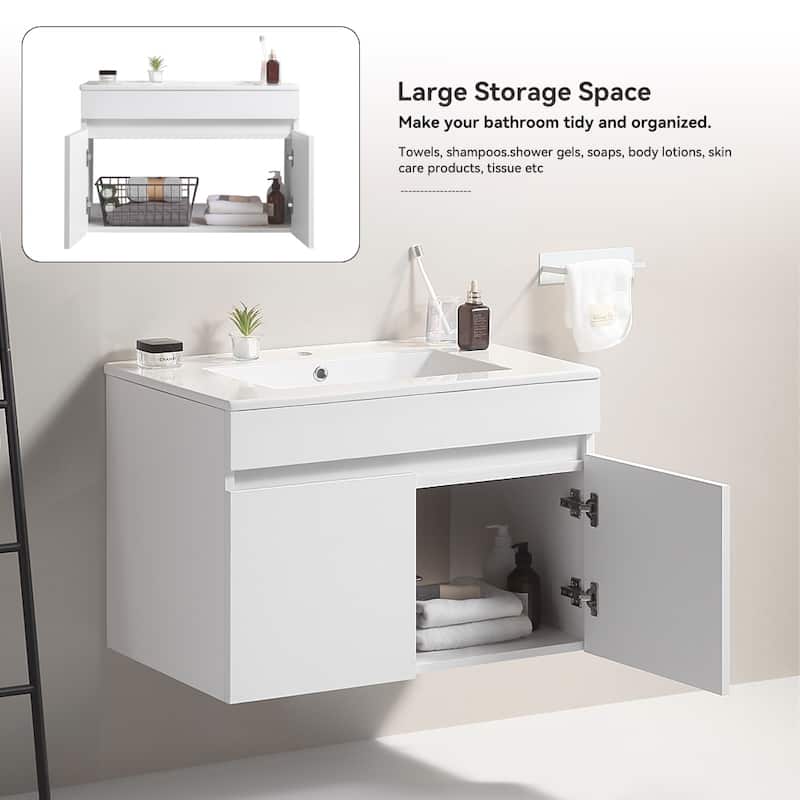 24 in. W x 19 in. D x 20 in. H Wall Mounted Bathroom Vanity with White Ceramic Basin,2 Soft Close Cabinet Doors - Wood Finish - Single Vanities - White