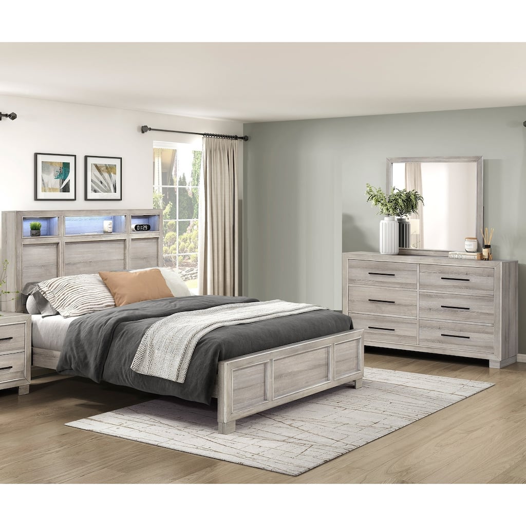 Modern Bedroom Furniture 3pc Set Bed Dresser Mirror Gray Finish