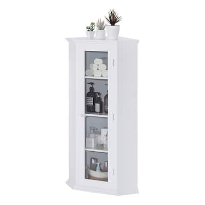 White Freestanding Bathroom Corner Storage Cabinet with Glass Door