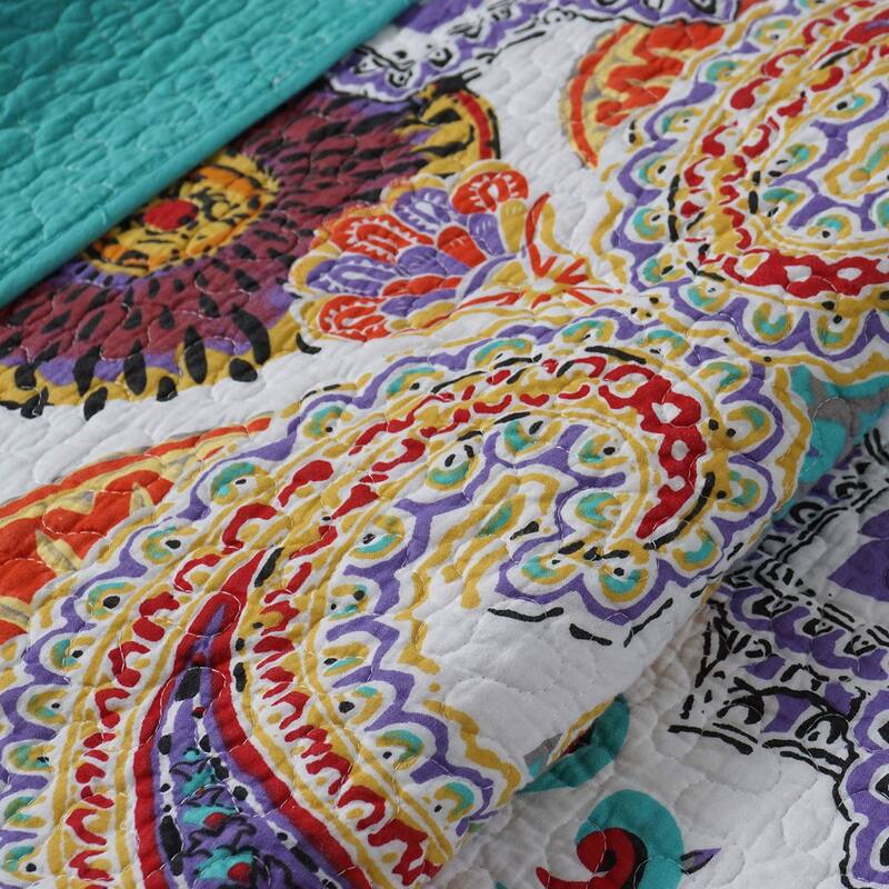 3 Piece Queen Size Cotton Quilt Set with Paisley Print, Teal Blue