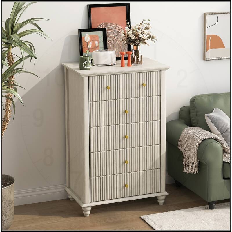 45 Inch Tall Fluted 5 Drawer Dresser - Beige