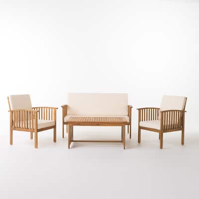 Sayan 4pc Outdoor Coffee Table Set, Loveseat, 2 Chairs, Beige, Brown
