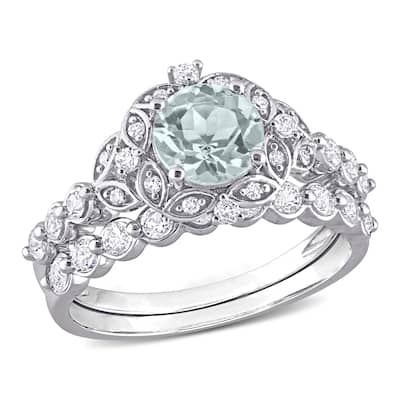 Miadora 1 4/5ct TGW Aquamarine White Topaz Diamond Accents Vintage Bridal Ring Set in 10k White Gold
