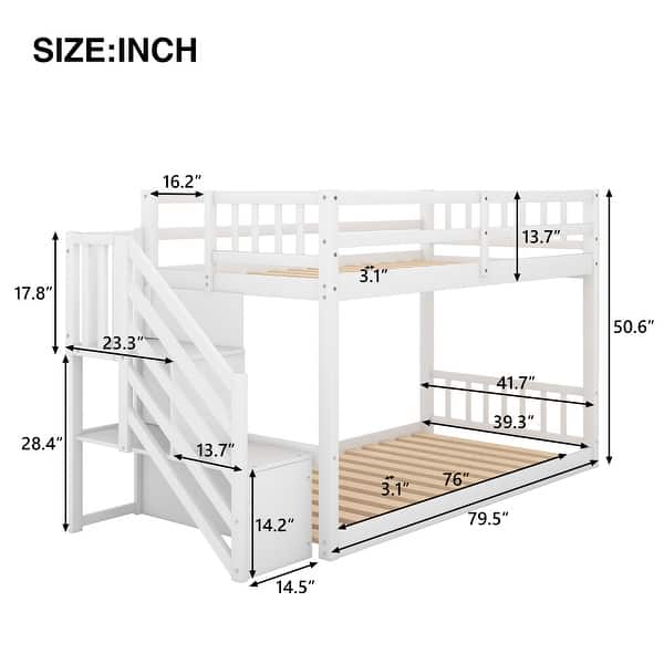 dimension image slide 0 of 2, Low Bunk Beds with Stairs and Storages for Teens Twin Over Twin Bunk Bed Frame Low to Ground for Kids Boys Girls