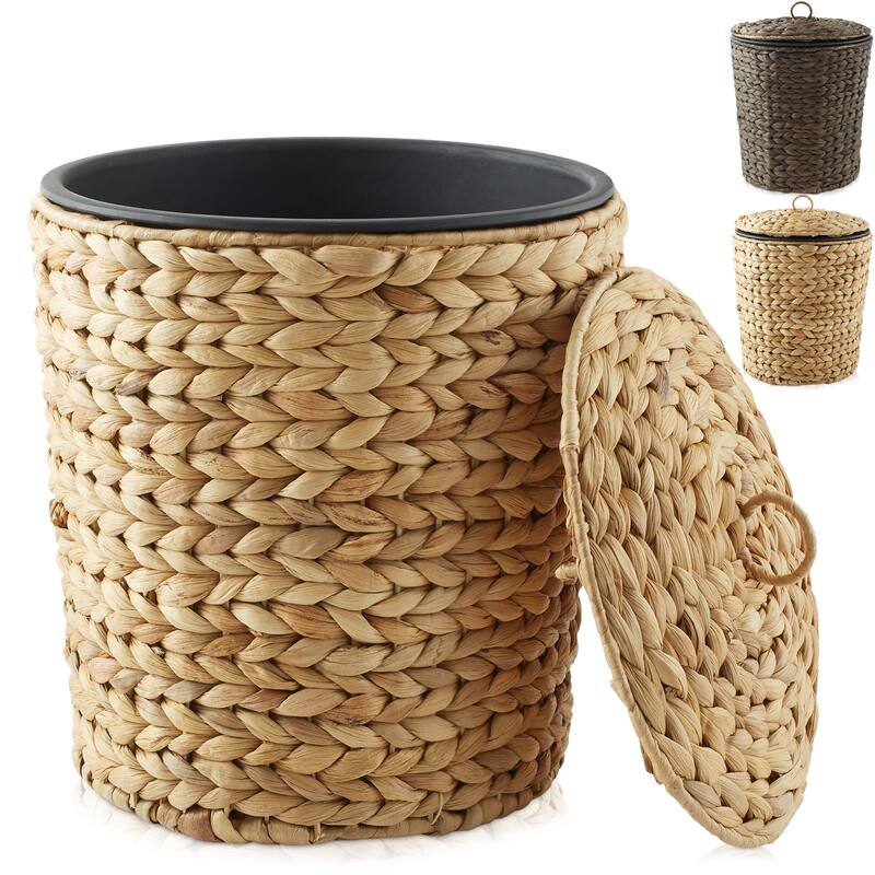 Water Hyacinth Waste Basket with Lid Woven Trash Can