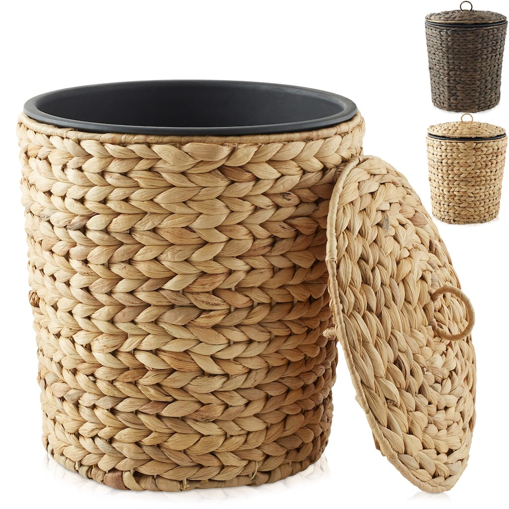 Water Hyacinth Waste Basket with Lid Woven Trash Can