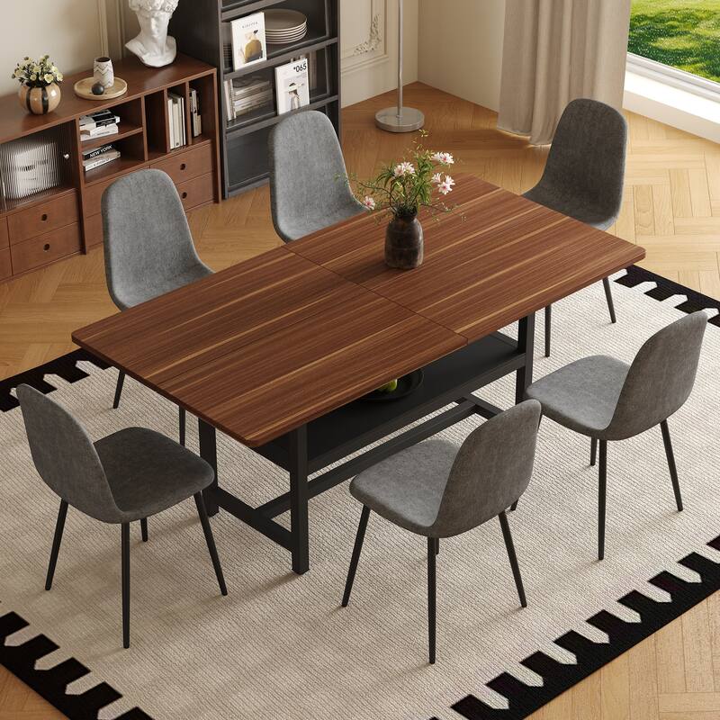 7-Piece Modern Dining Table Set, 71x35.4 Inch Wood Grain Table with 6 Linen-Cotton High - Dark Gray,Walnut+black
