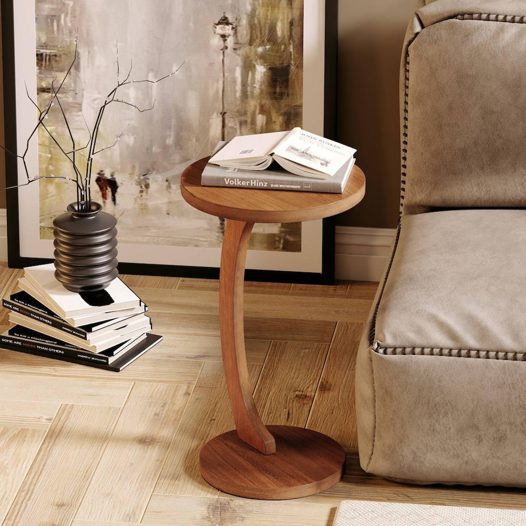 COZAYH C Shaped Round End Table for Couch Small Place, Space Saver Side Table for Sofa, Living Room, Bedside Area, Walnut