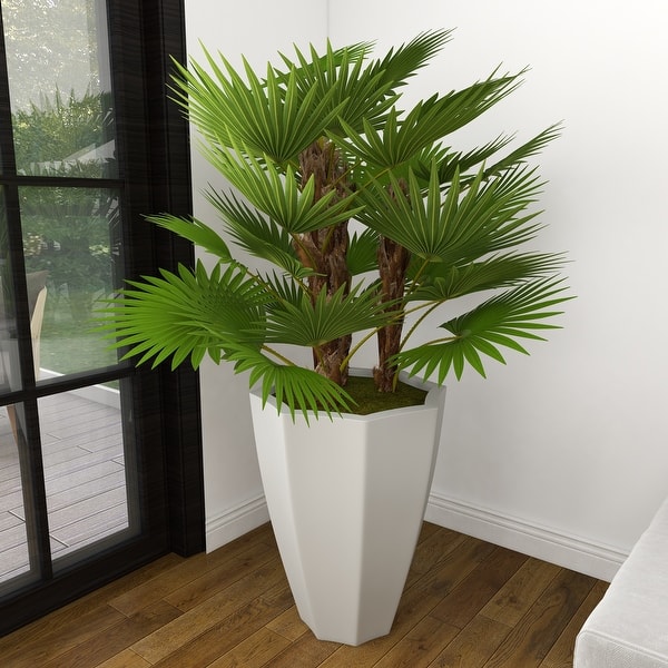 Green Faux Foliage Majesty Palm Indoor Outdoor Artificial Plant with Realistic Leaves and White Fiberglass Pot - 35"W, 54"H