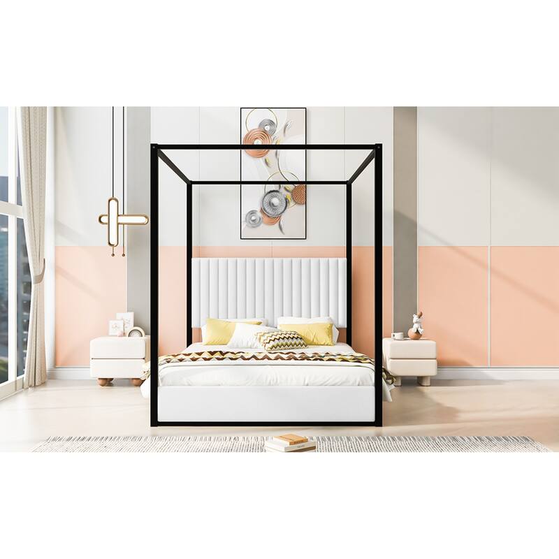 Roomfitters Queen Canopy Platform Bed with Velvet Upholstered Headboard, Metal Frame, White