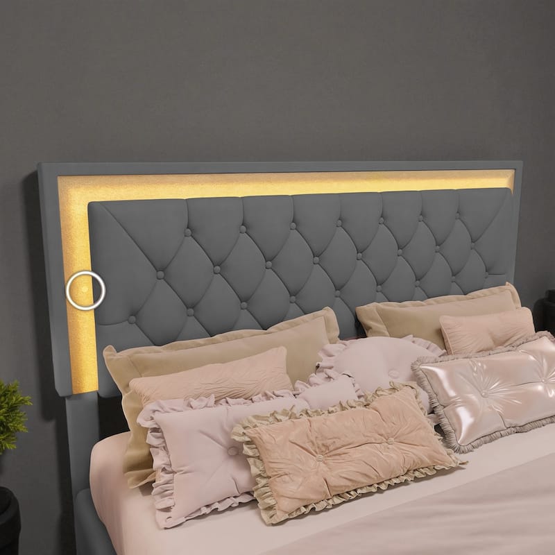 Queen Size Velvet Upholstered Bed Frame with LED Lights, Modern Tufted Headboard Platform Bed with Slats