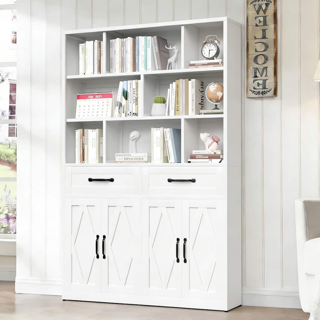 Rossetta 2-Door Modern Tall Metal Bookcase with Drawers and Fixed Open Shelves