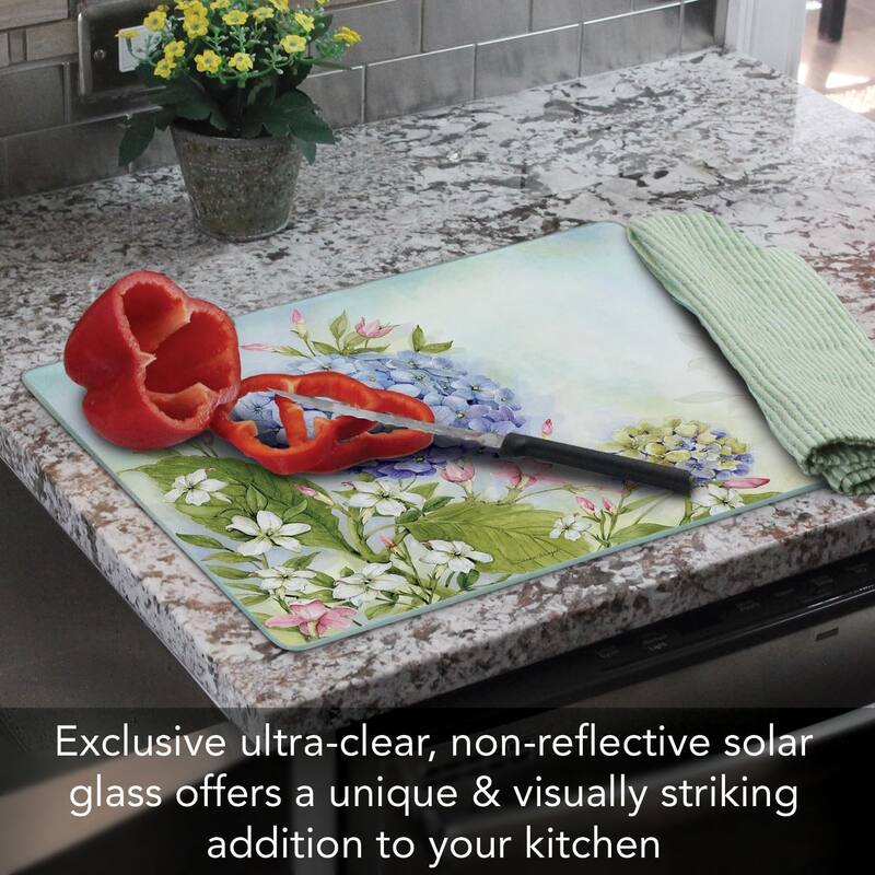 Nature's Grace Dragonfly Hydrangea 3mm Heat Tolerant Tempered Glass Cutting Board 15” x 12” Made in the USA Dishwasher Safe