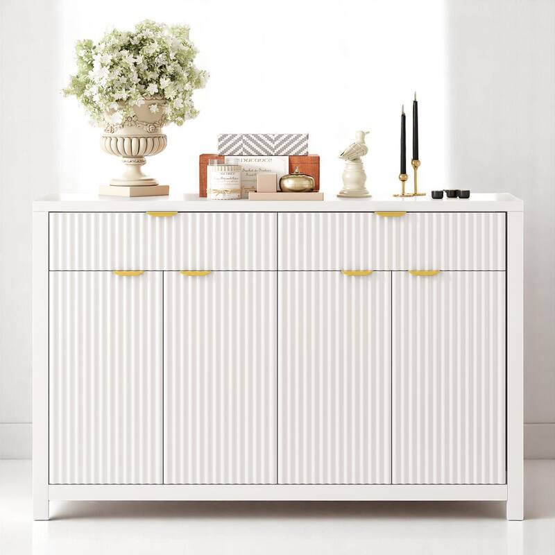 Wave-Grain Sideboard Buffet Cabinet with Drawers and Adjustable Shelves, 55in Console Table with Aluminum Handles - White