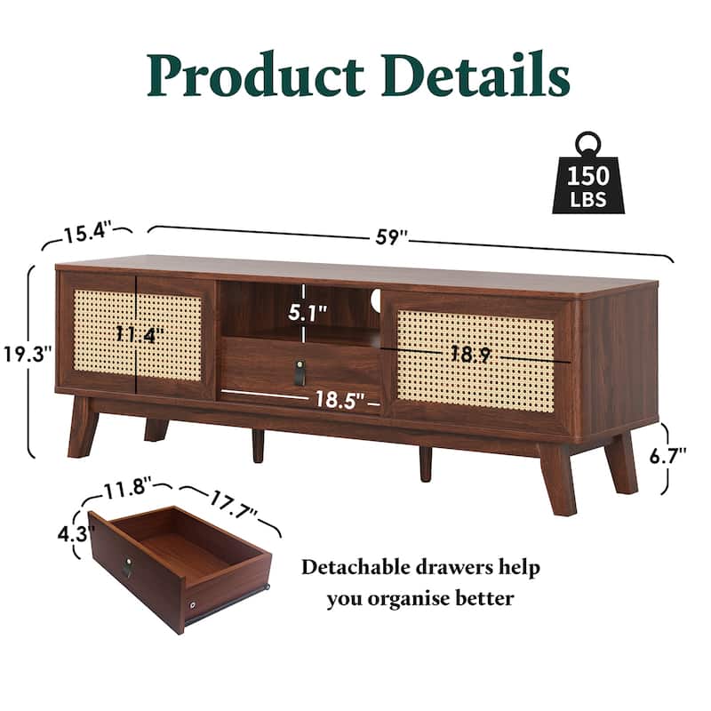 Anmytek Mid Century Modern TV Stand Media Console with Solid Wood and Rattan Accents