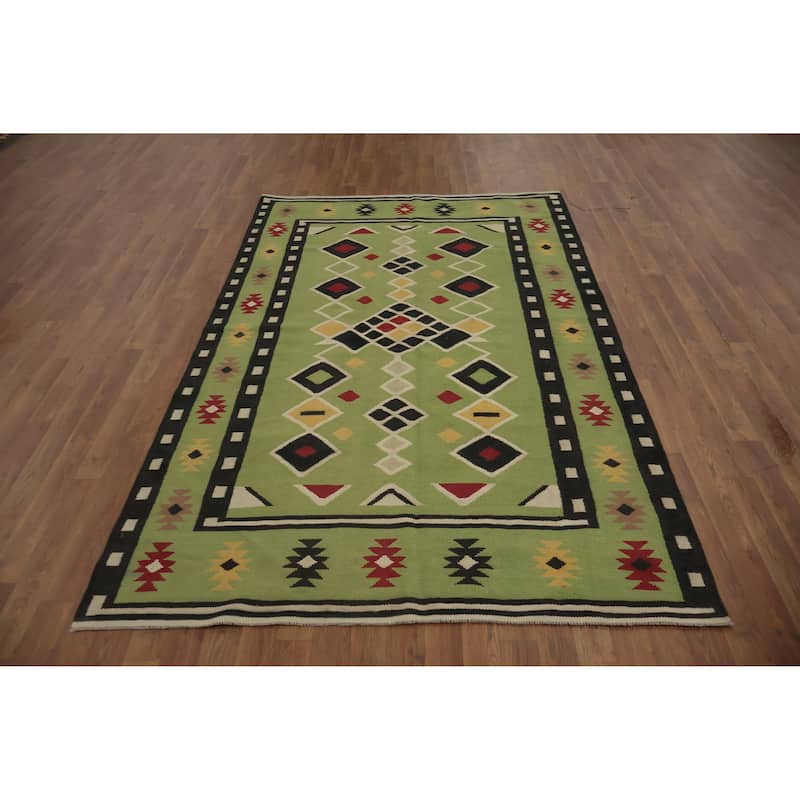 Hand Woven Oriental 100% Wool Carpet Southwestern Modern Green Kilim Area Rug - 8' 1'' X 5' 0''