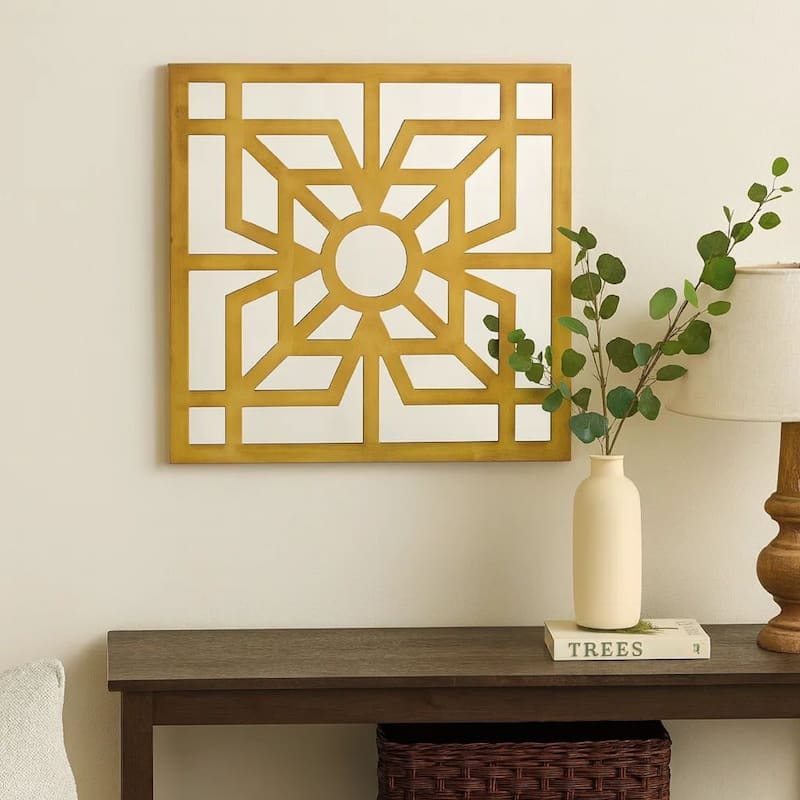 Mirrored Wall Decor Set of 2 with Wooden Floral Overlay on Top, Gold and Silver