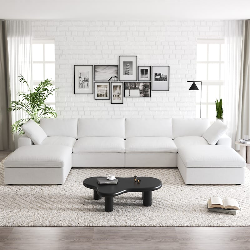 160'' Widen Sectional Sofa Down Filled U-Shaped Couch 4 Seater with 2 Ottoman - White