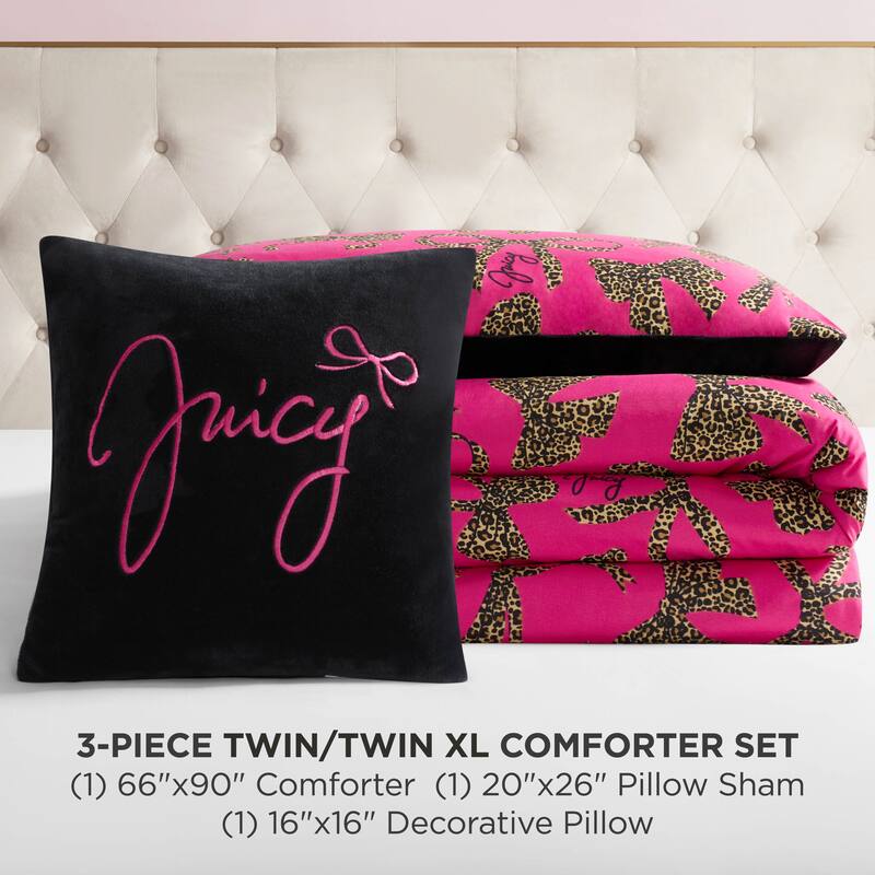 Juicy Couture Solid Plush Reversible Cheetah Bows Comforter Sets