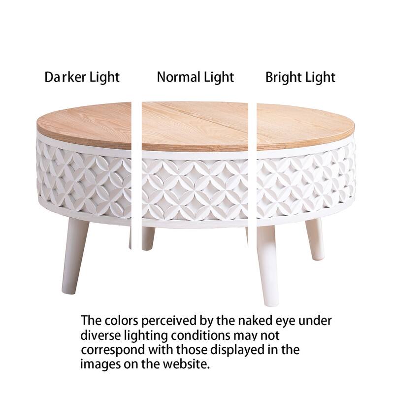 Roomfitters Round Lift-Top Coffee Table with Hidden Storage, 31.5-Inch Accent Table, White Base and Natural Wood Top