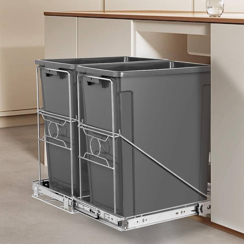 Side Pull Stainless Steel Kitchen Adjustable Trash Slide Out Shelf - 70 Quarts - Silver