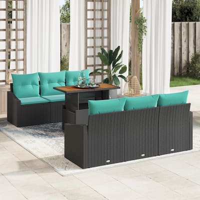vidaXL 7 Piece Garden Sofa Set with Cushions Black Poly Rattan - 70.1×24.4×27.2