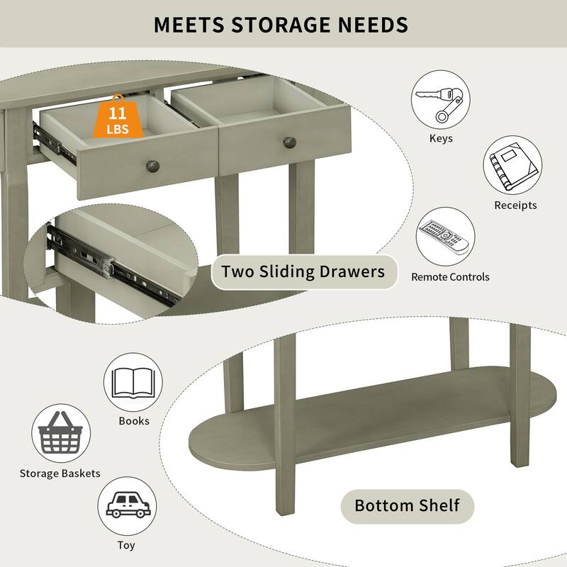 Curved Console Table with 2 Storage Drawers and Metal Handles, Wooden Hallway Tables Entryway Table wOpen Storage Shelf