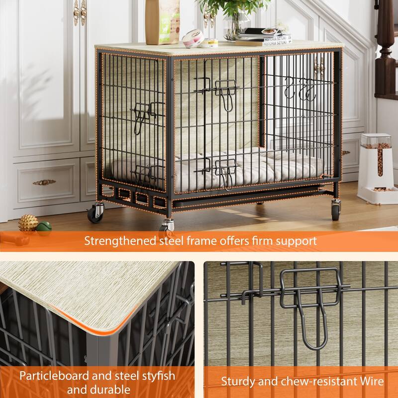 Dog Crate Furniture with Wheels, Indoor Kennel Table for Medium Dogs