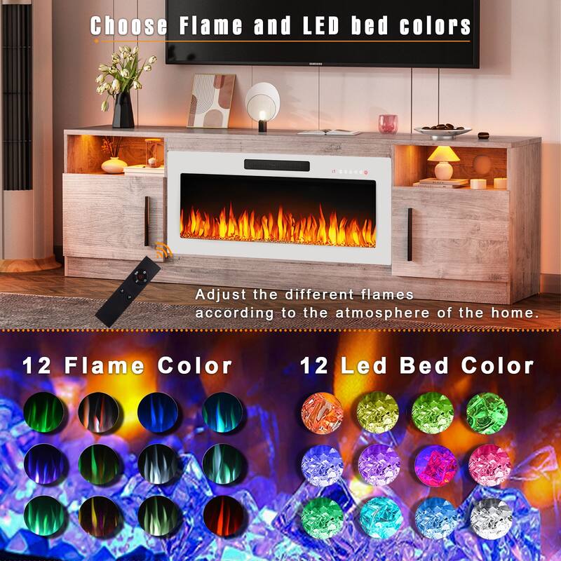 Bossin 70" Fireplace TV Stand with 36" Electric Fireplace, TV Stand for TVs Up to 80", 20 Colors LED Lights/Entertainment Center