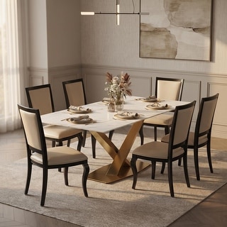 Voren Modern Rectangular Dining Table, Sintered Stone/Tempered Glass Top & Stainless Steel Gold Finish Pedestal Base