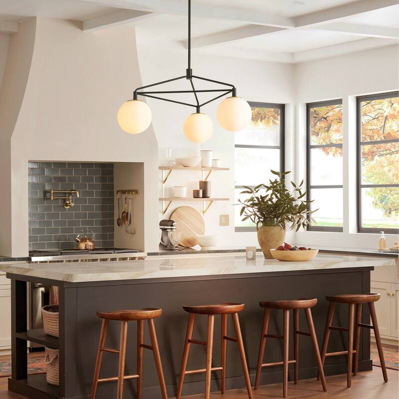 3-Light 30.7" W Modern Black Geometric Framework Design Metal Opal Bubble Glass Globe Chandelier for Bedroom, Living Room